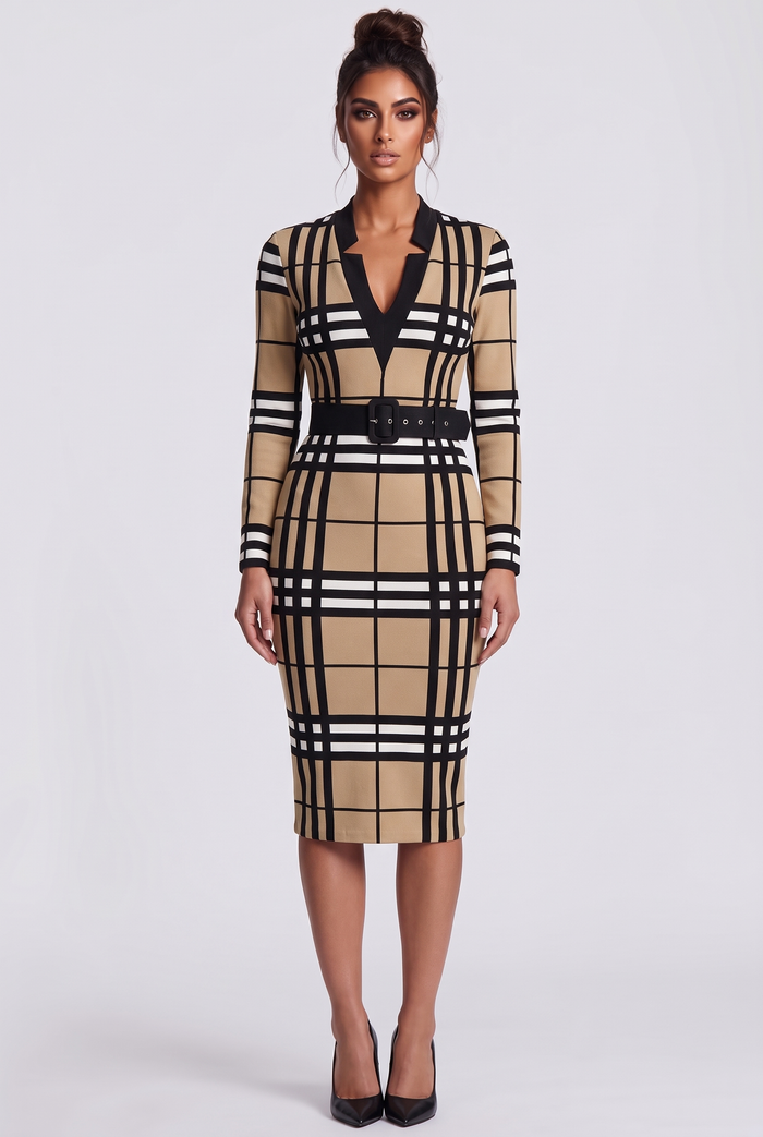 Jade Midi Dress - Camel Check