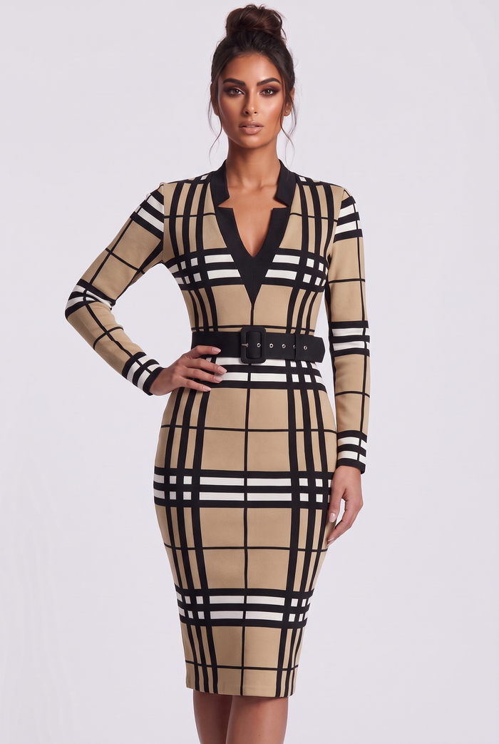 Jade Midi Dress - Camel Check